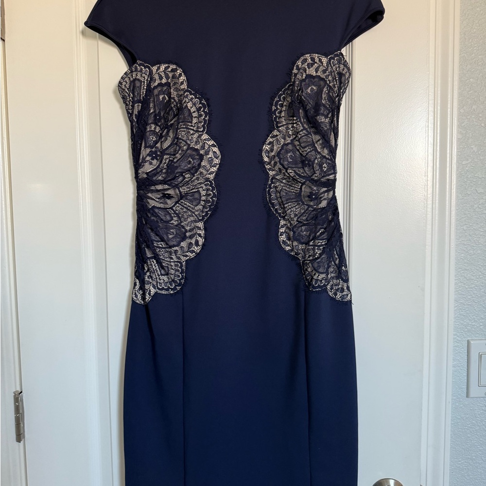 Tadashi Shoji Navy Dress with Lace Accents